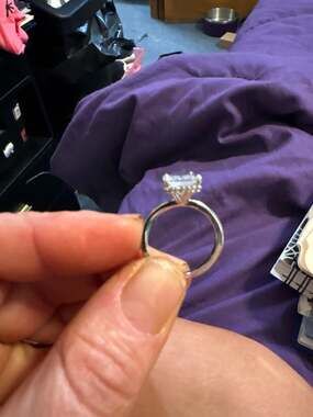 Silver Tone Emerald Cut Cubic Zirconia Engagement Ring with Hidden Halo